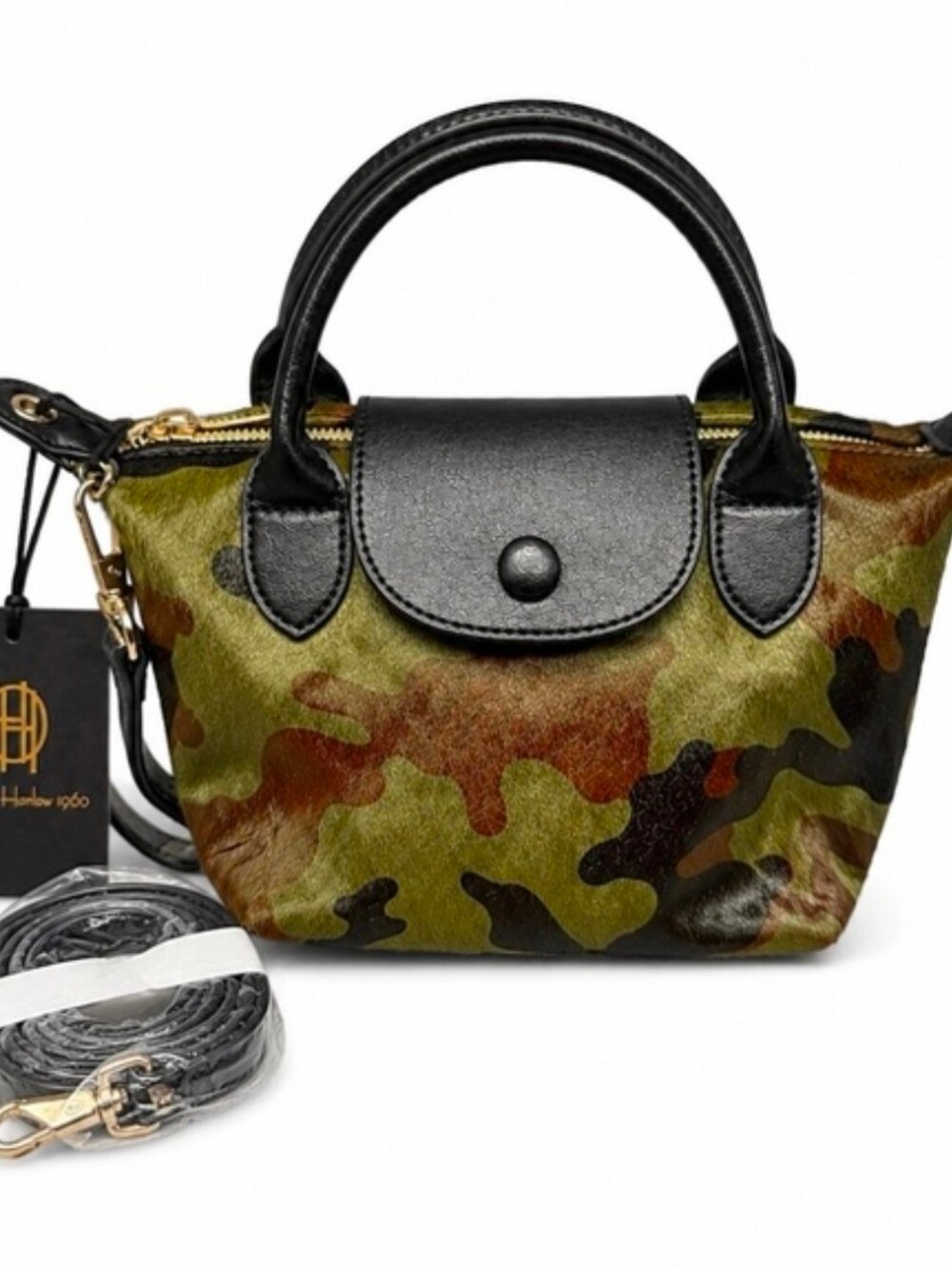 House of Harlow 1960 Mini Satchel in Green Camouflage with Black Trim